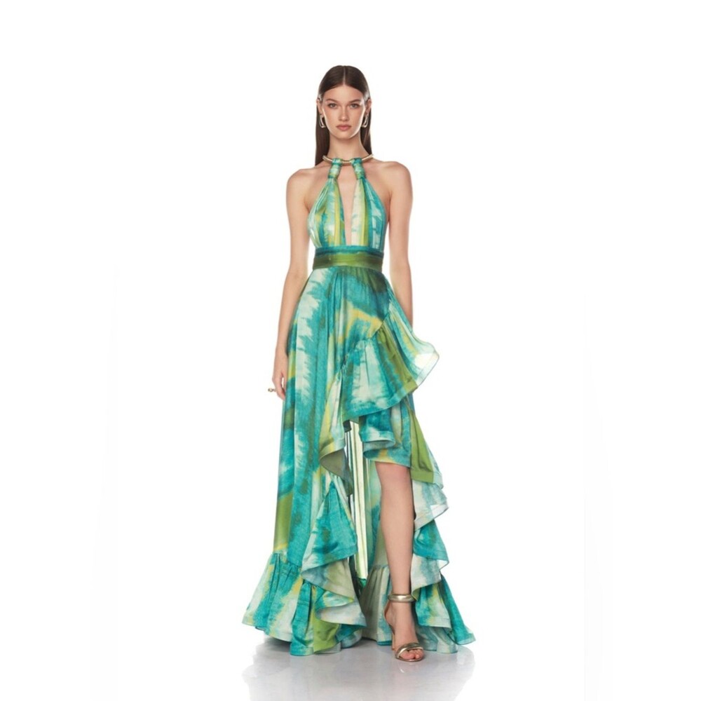 Bronx Banco Palma Coastal Gown Teal & Lime Halter High-Low Ruffle Maxi Dress - Picture 5 of 16